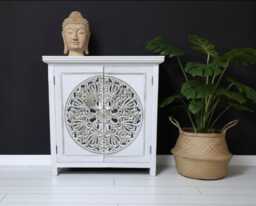 Carved Whitewash Storage Cabinet- Ornate Bohemian Wood Cupboard- H84cm W80cm- Lounge, Hall, Bedroom, Bathroom Furniture