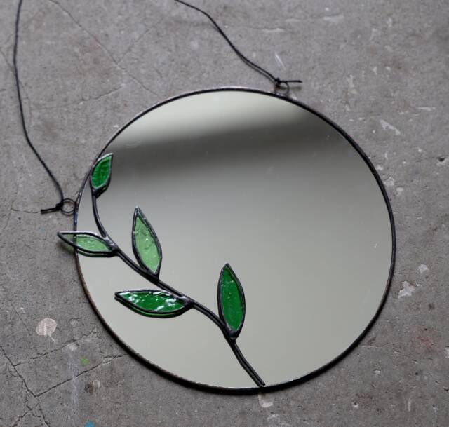Green Branch Stained Glass Mirror, Small Circle Wall Hanging Mirror With Botanical Leaves, Round Decorative Floating Circular Decor - image 1