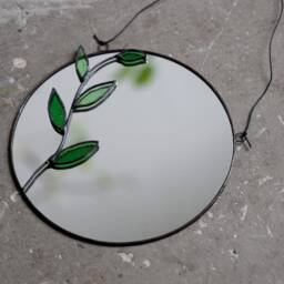 Green Branch Stained Glass Mirror, Small Circle Wall Hanging Mirror With Botanical Leaves, Round Decorative Floating Circular Decor - thumbnail 2