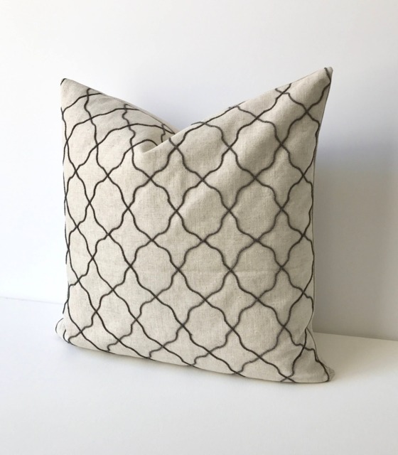 Charcoal Gray & Tan Embroidered Moroccan Quatrefoil Geometric Decorative Pillow Cover - image 1