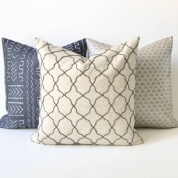 Charcoal Gray & Tan Embroidered Moroccan Quatrefoil Geometric Decorative Pillow Cover - thumbnail 3