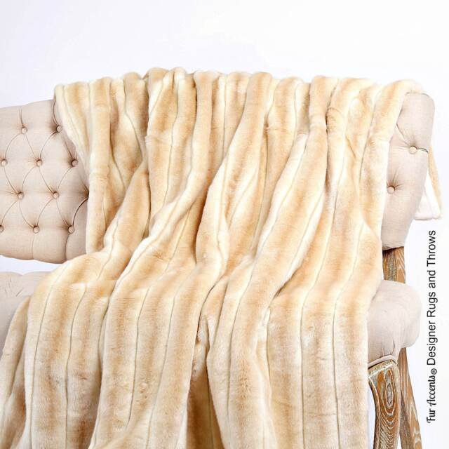 Plush Tan Stripe Faux Fur Throw Blanket, Minky Cuddle Lining - image 1