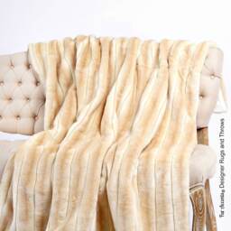 Plush Tan Stripe Faux Fur Throw Blanket, Minky Cuddle Lining - thumbnail 1