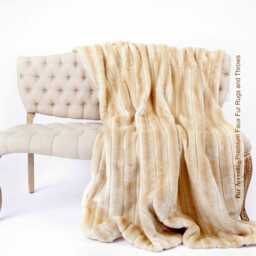 Plush Tan Stripe Faux Fur Throw Blanket, Minky Cuddle Lining - thumbnail 2