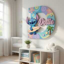 Personalized Stitch Name Sign With Initial, Layered Wooden Nursery Wall Decor, Custom Baby Plaque, Tropical Theme Letter - thumbnail 2
