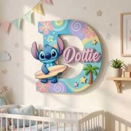 Personalized Stitch Name Sign With Initial, Layered Wooden Nursery Wall Decor, Custom Baby Plaque, Tropical Theme Letter - thumbnail 3