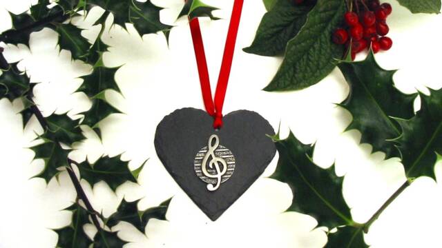 Treble Clef Natural Slate Heart Ornament, Music Christmas Decoration, Teacher Gift - image 1