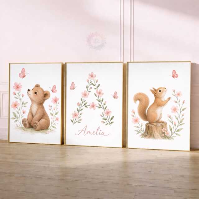 Pink Woodland Nursery Prints - Girls Personalised Print Set Of 3, Wildflower Bedroom Wall Art - image 1