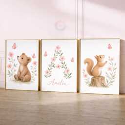 Pink Woodland Nursery Prints - Girls Personalised Print Set Of 3, Wildflower Bedroom Wall Art