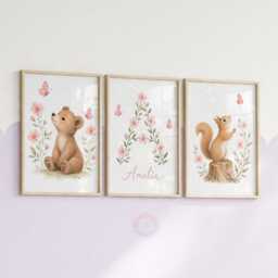 Pink Woodland Nursery Prints - Girls Personalised Print Set Of 3, Wildflower Bedroom Wall Art - thumbnail 2