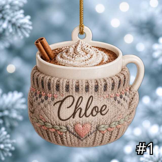 Personalized Cozy Mug Ornament, Acrylic Christmas Sweater Sleeve Coffee Cup, Custom Name Gift For Lover Decor - image 1