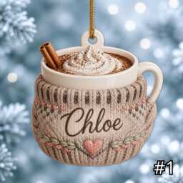 Personalized Cozy Mug Ornament, Acrylic Christmas Sweater Sleeve Coffee Cup, Custom Name Gift For Lover Decor