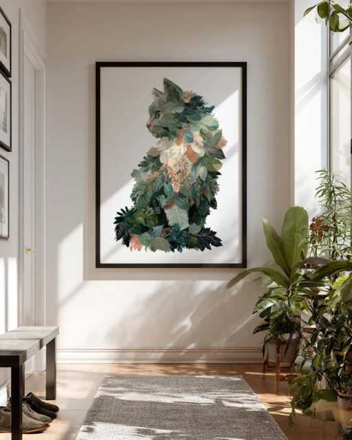 Mossy Paws Botanical Cat Wall Art Print - Leafy Green Nature Animal Poster, Framed & Unframed Options Available, Cottagecore & Jungle Home - image 1