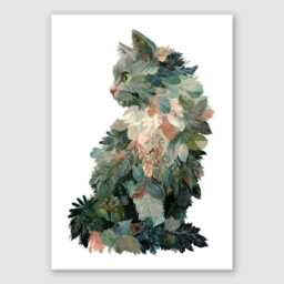 Mossy Paws Botanical Cat Wall Art Print - Leafy Green Nature Animal Poster, Framed & Unframed Options Available, Cottagecore & Jungle Home - thumbnail 2