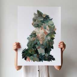 Mossy Paws Botanical Cat Wall Art Print - Leafy Green Nature Animal Poster, Framed & Unframed Options Available, Cottagecore & Jungle Home - thumbnail 3