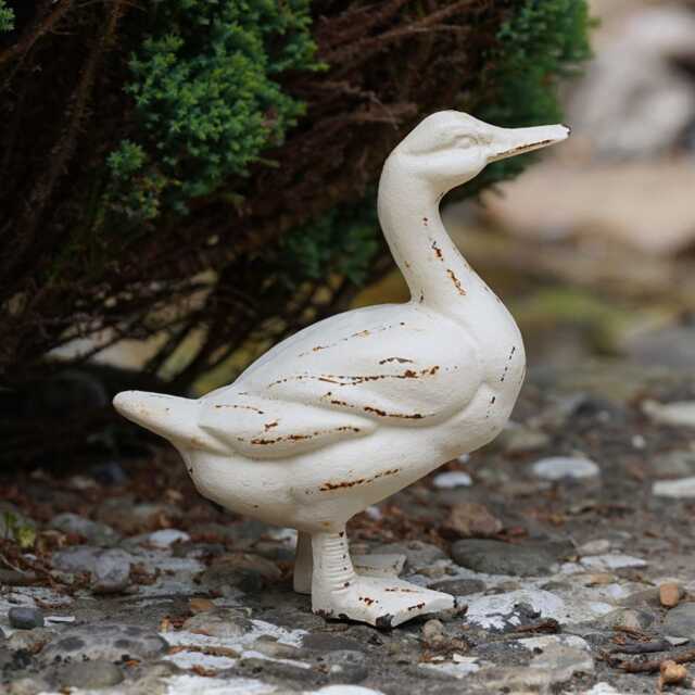Cast Iron Duck Ornament - White Antique Style Garden Home Animal Sculpture - image 1