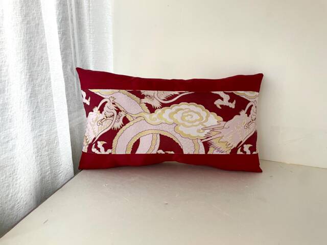 Red & Silver Dragon Brocade Pillow Cover, Golden Case, Japanese Obi Brocade, Sofa Bedding, Kimono Throw Case - image 1