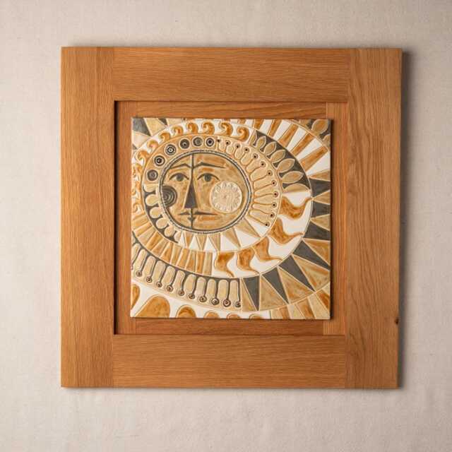 Ceramic Wall Art in White Oak Frame Mayan Sun - image 1