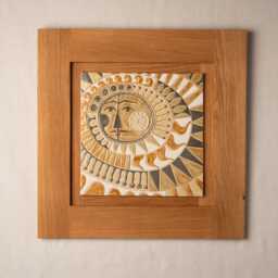 Ceramic Wall Art in White Oak Frame Mayan Sun - thumbnail 1