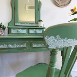 Boho Style Pine Dressing Table, Mirror & Chair Painted Green Patterned - thumbnail 4