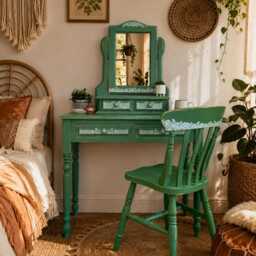 Boho Style Pine Dressing Table, Mirror & Chair Painted Green Patterned - thumbnail 3