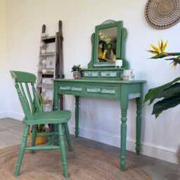 Boho Style Pine Dressing Table, Mirror & Chair Painted Green Patterned - thumbnail 2