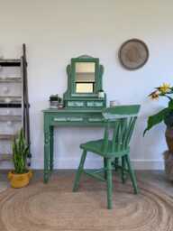 Boho Style Pine Dressing Table, Mirror & Chair Painted Green Patterned