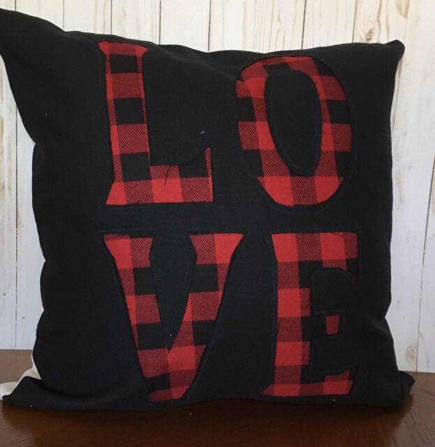Valentine Pillow Cover Black Twill With Buffalo Check Love - 20x20 - image 1
