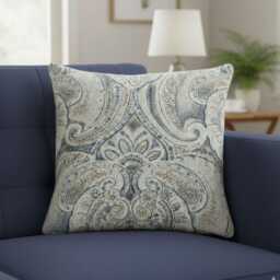 Blue Grey Paisley Cushion Cover 18x18 Inch - Bohemian Throw Pillow Case With Hidden Zip - thumbnail 1