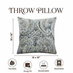 Blue Grey Paisley Cushion Cover 18x18 Inch - Bohemian Throw Pillow Case With Hidden Zip - thumbnail 3