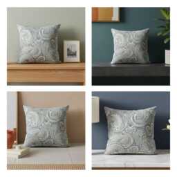 Blue Grey Paisley Cushion Cover 18x18 Inch - Bohemian Throw Pillow Case With Hidden Zip - thumbnail 4