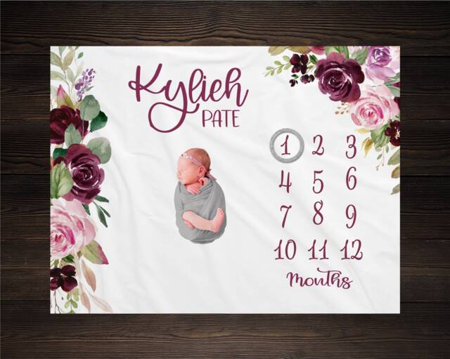 Girl Milestone Blanket Personalized Monthly Growth Tracker Custom Baby Shower Gift For New Mom Watercolor Floral Newborn Nursery - image 1