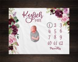 Girl Milestone Blanket Personalized Monthly Growth Tracker Custom Baby Shower Gift For New Mom Watercolor Floral Newborn Nursery