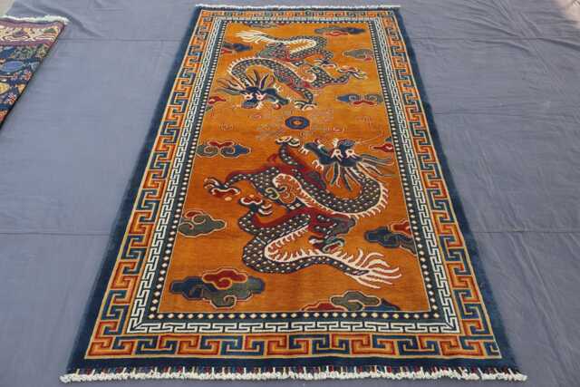 4'5x8 Ft Pictorial Rug, Dragon Phoenix Chinese Style Hand Knotted Veg Dyes Wool Afghan Handmade One Of A Kind Art Bedroom Rug - image 1