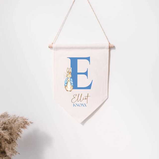 Personalised Linen Flag - Peter Rabbit Kids Bedroom Wall Decor Birthday Gift For Boy Girl New Baby Nursery Parents - image 1