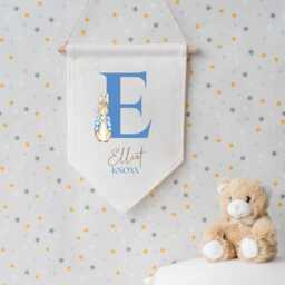 Personalised Linen Flag - Peter Rabbit Kids Bedroom Wall Decor Birthday Gift For Boy Girl New Baby Nursery Parents - thumbnail 2