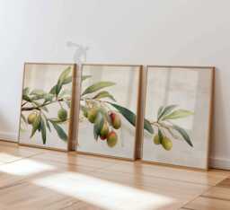 Olive Tree Wall Art Set Of 3, Botanical Branch Poster Prints, Mediterranean Plant Decor, Neutral Nature Artwork, Modern Leaf Prints - thumbnail 1