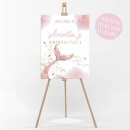 Personalised Mermaid D4 Sign, Kids Girls Birthday Party Welcome Board, Watercolour Pastel Pink, Event Decor, Cute Under The Sea Gold Shimmer - thumbnail 1