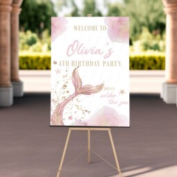 Personalised Mermaid D4 Sign, Kids Girls Birthday Party Welcome Board, Watercolour Pastel Pink, Event Decor, Cute Under The Sea Gold Shimmer - thumbnail 3