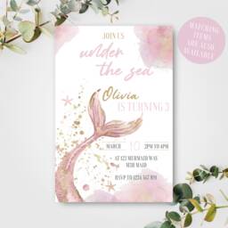 Personalised Mermaid D4 Sign, Kids Girls Birthday Party Welcome Board, Watercolour Pastel Pink, Event Decor, Cute Under The Sea Gold Shimmer - thumbnail 2