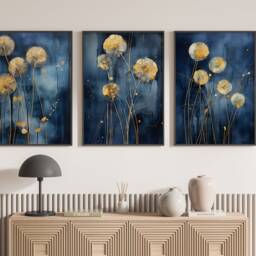 Navy Blue & Gold Dandelions Wall Art - Set Of 3 Room Decor Floral - thumbnail 2
