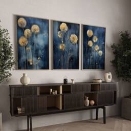 Navy Blue & Gold Dandelions Wall Art - Set Of 3 Room Decor Floral - thumbnail 1