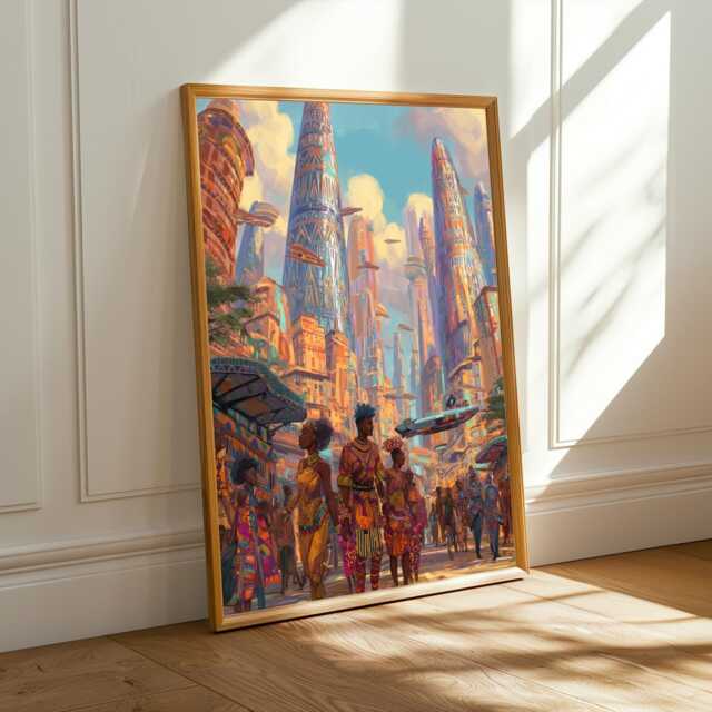 Afrofuturism Cityscape Art Print Orange, Teal, Pink Boho Decor - Poster Only - image 1