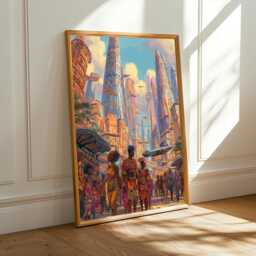 Afrofuturism Cityscape Art Print Orange, Teal, Pink Boho Decor - Poster Only - thumbnail 1