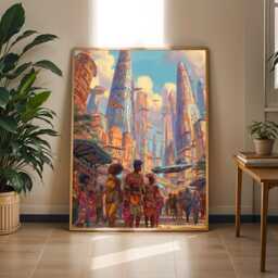 Afrofuturism Cityscape Art Print Orange, Teal, Pink Boho Decor - Poster Only - thumbnail 2