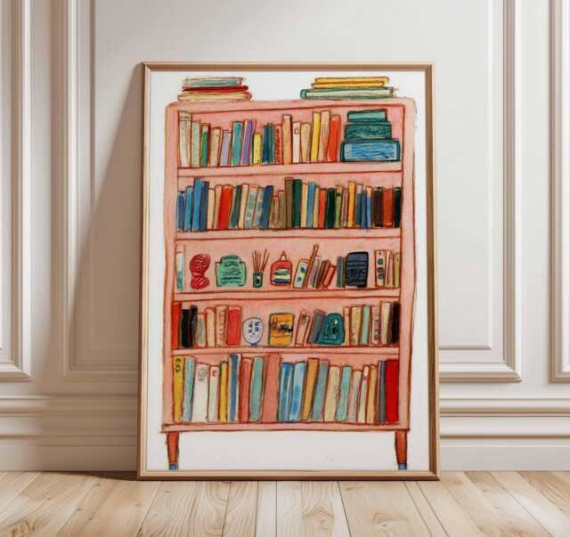 Bookshelf Illustration Art Print - Colorful Modern Wall Reading Room Poster Cozy Home Decor Mid Century Boho Artwork - image 1