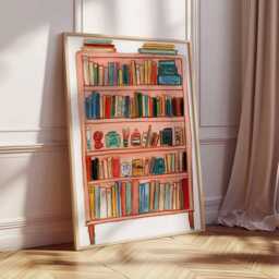 Bookshelf Illustration Art Print - Colorful Modern Wall Reading Room Poster Cozy Home Decor Mid Century Boho Artwork - thumbnail 2
