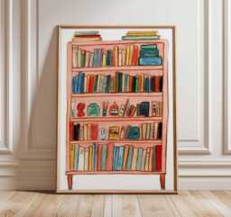Bookshelf Illustration Art Print - Colorful Modern Wall Reading Room Poster Cozy Home Decor Mid Century Boho Artwork - thumbnail 1