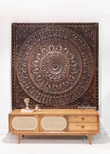 Carved Wood Headboard King, Brown Teak King Headboard, Mandala Wooden Panels, 72 - image 1