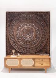 Carved Wood Headboard King, Brown Teak King Headboard, Mandala Wooden Panels, 72